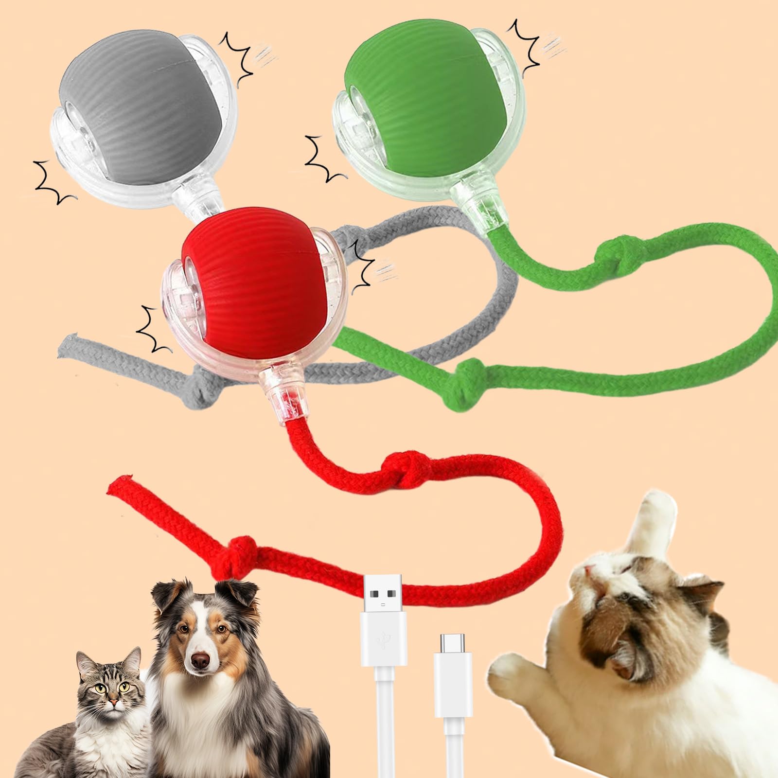 Donubiiu Pet Cat Toy, Active Rolling Ball With Tail For Dogs, Smart Interactive Pet Toy Ball, USB Rechargeable for Cat Dog (3pcs)