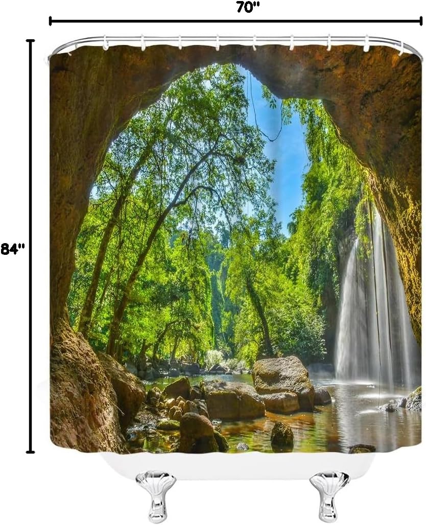 Waterfall Shower Curtain Tropical Cave Waterfall Trees Mountain Outdoor Nature Landscape Scenery Spring Summer Fabric Bathroom Decor with Hooks(84" Wx70 H)