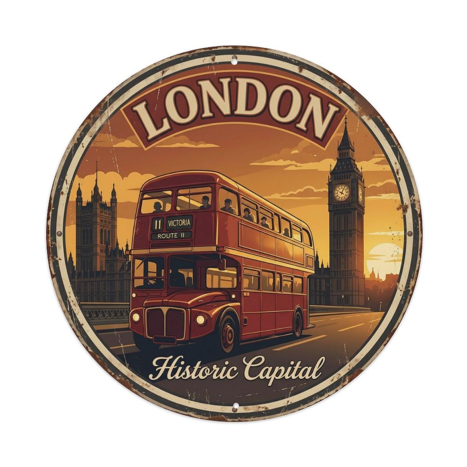 Cmhok Vintage Style Vintage Travel London England Capital Metal Tin Sign Plaque Wall Decor For Cafe, Club, Garden Round Metal Poster 8X8inch
