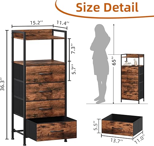 Miniatura 3 de Somdot - Mesita de noche con 4 cajones, cajonera vertical con estructura de acero resistente, parte superior de madera y cajones de tela fáciles de