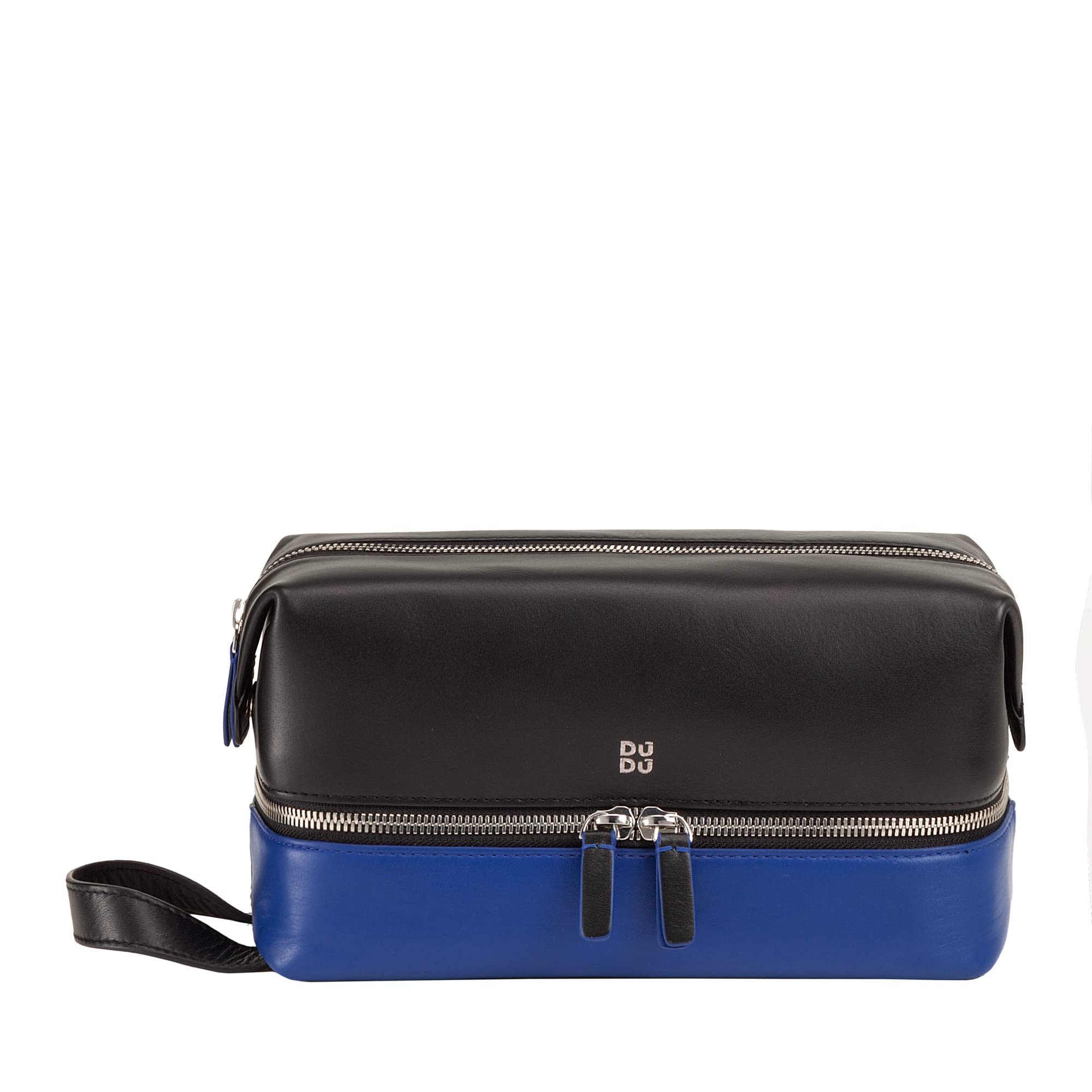 DUDU Beauty Case da Viaggio Uomo Donna, Borsa da Toilette in Pelle Colorata a Mano, 2 Scomparti con Maniglia Nero