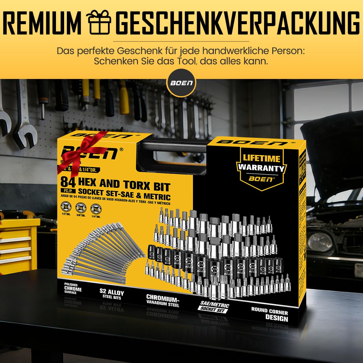 84-teiliges Sechskant- und Torx-Bitset, 1/4'', 3/8'', 1/2'' Antrieb (H2.5-H19, T8-T60, TT8-TT60, E4-E24) Metrisches & SAE-Bitset, mit S2- und Cr-V Stahl
