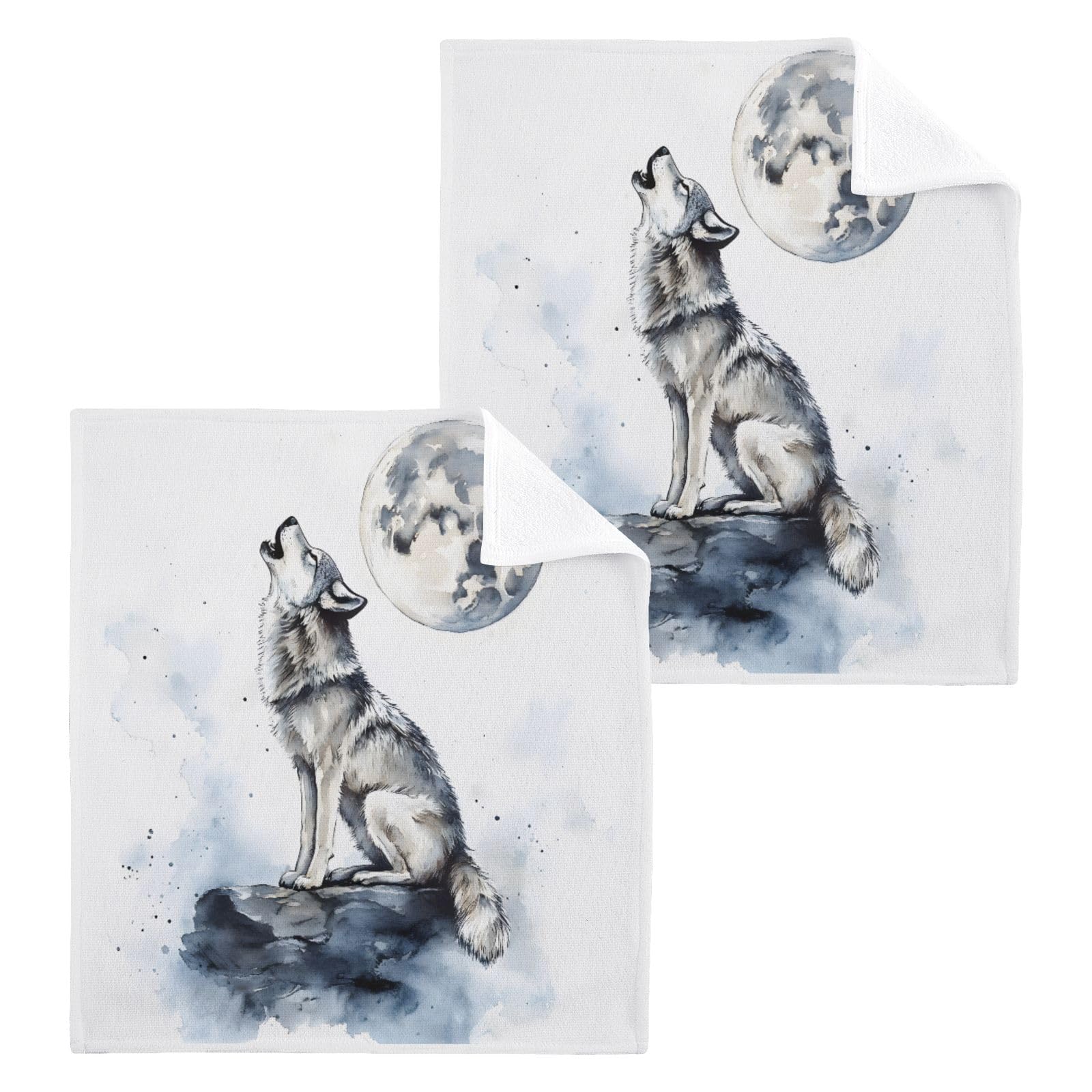 ALAZA Wash Cloth Set 100% Cotton Fingertip Towels Face Cloths Sets Wolf Moon Watercolor Highly Absorbent Soft Feel Set of 2