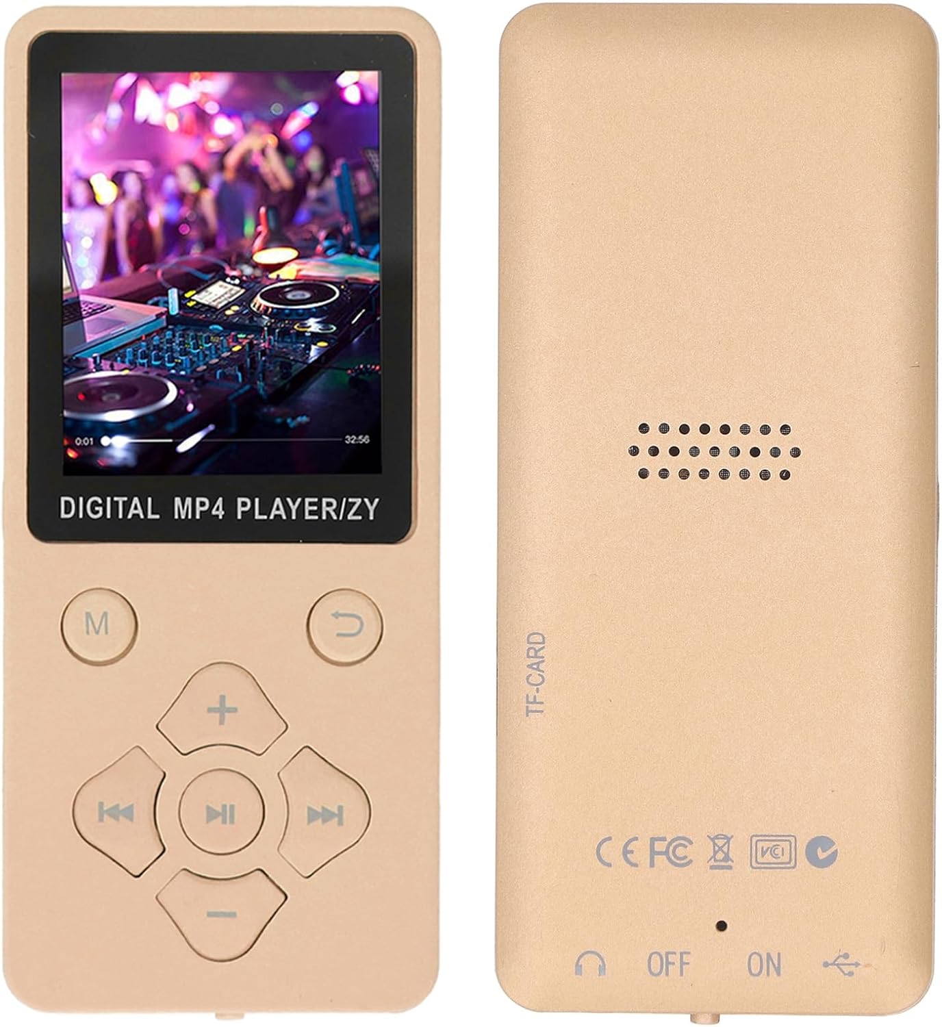 മുന്നിലും പിന്നിലും view of the Fockety MP3 MP4 Player, showing the TF-CARD slot on the back.