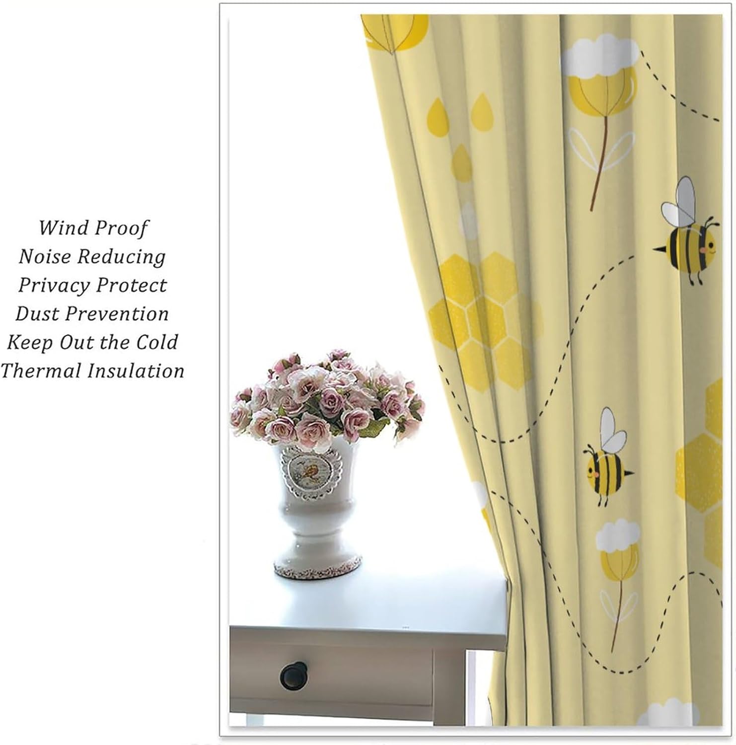 Bee Curtain Cute Bees Yellow Flower Honey Blackout Print Rod Pocket Window Drapes for Bedroom Living Room 42x63in