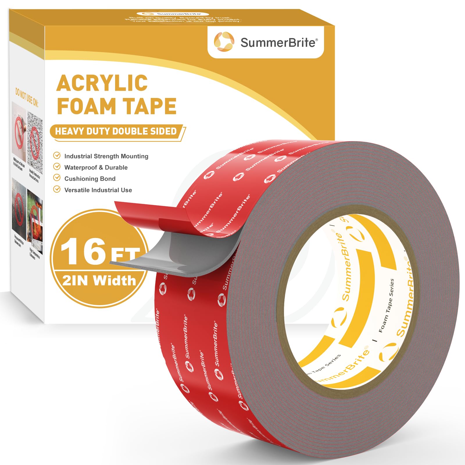 Summerbrite Double Sided Tape-50mm x 5m-Heavy Duty Mounting Tape Strong Adhesive Acrylic Foam Tape Waterproof Temperature Resistance For Automotive Bonding LED Strips Home&Office Decor