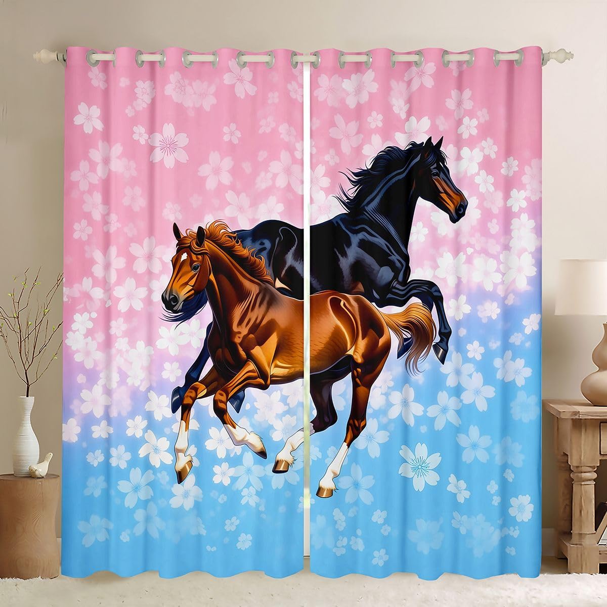 Feelyou Horse Blackout Curtains Galloping Horse Darkening Drapes for Bedroom Living Room Decor Cherry Blossoms Thermal Insulated Shades Window Treatments, 2 Panels 38 x 54 Inch