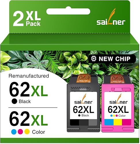 Sailner 62XL 62 XL Multipack Printer Cartridges Compatible with HP 62 Envy 5640, 5540, 7640, 5548, 5544, 5646, OfficeJet 5740, 5742, 250, 200, 1 x Black, 1 x Colour Pack of 2 - 1