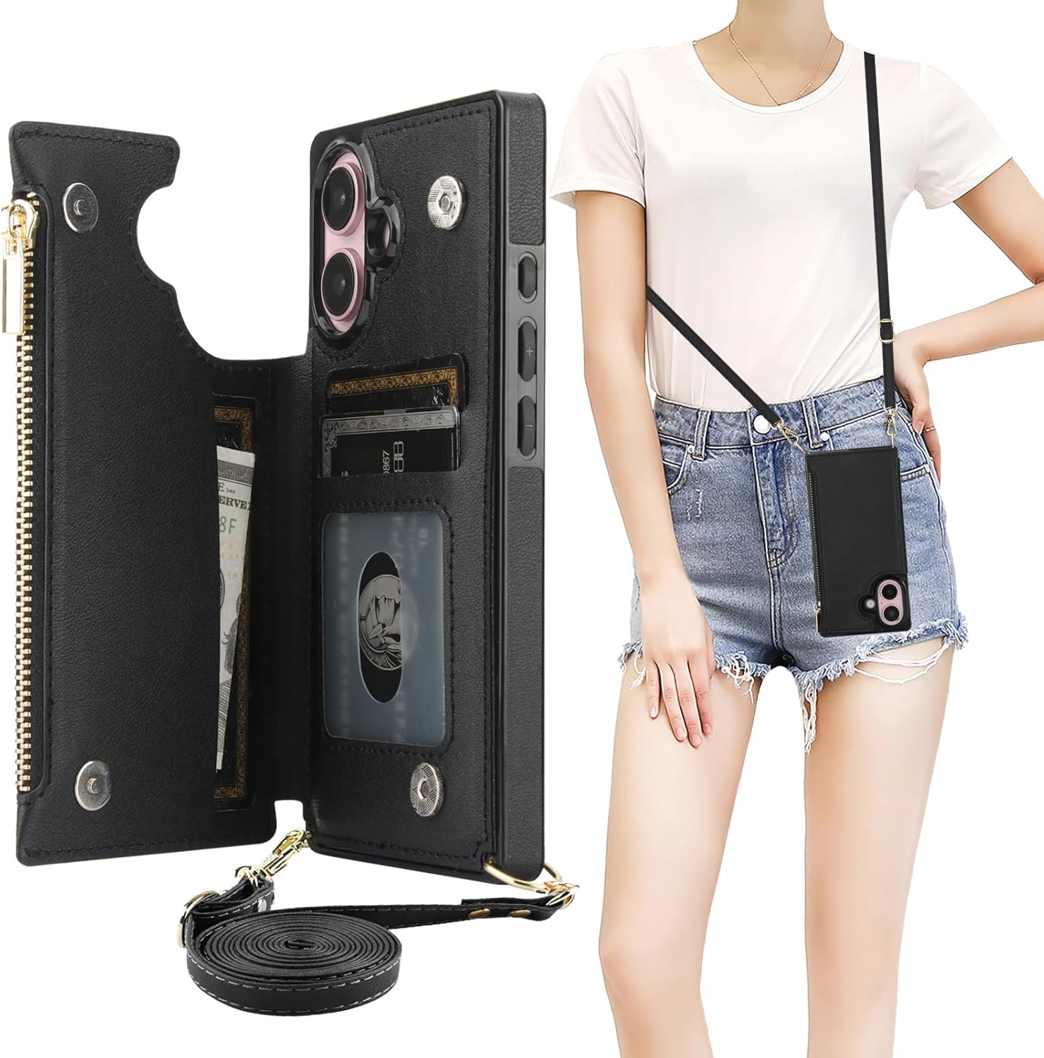 Bocasal Crossbody Wallet Case for iPhone 16 with RFID Blocking Card Slot Holder, Magnetic Flip Folio Purse Case, PU Leather Zipper Handbag with Detachable Lanyard Strap 6.1 Inch 5G (Black)