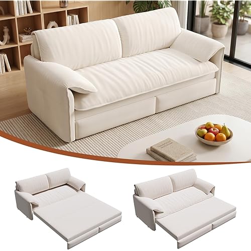 Yafylly Queen Full Size 3-in-1 Convertible Sleeper Sofa Bed, Velvet Loveseat Pull Out Couch with Pillows for Living Room, Bedroom, Apartment, Office, Pure White