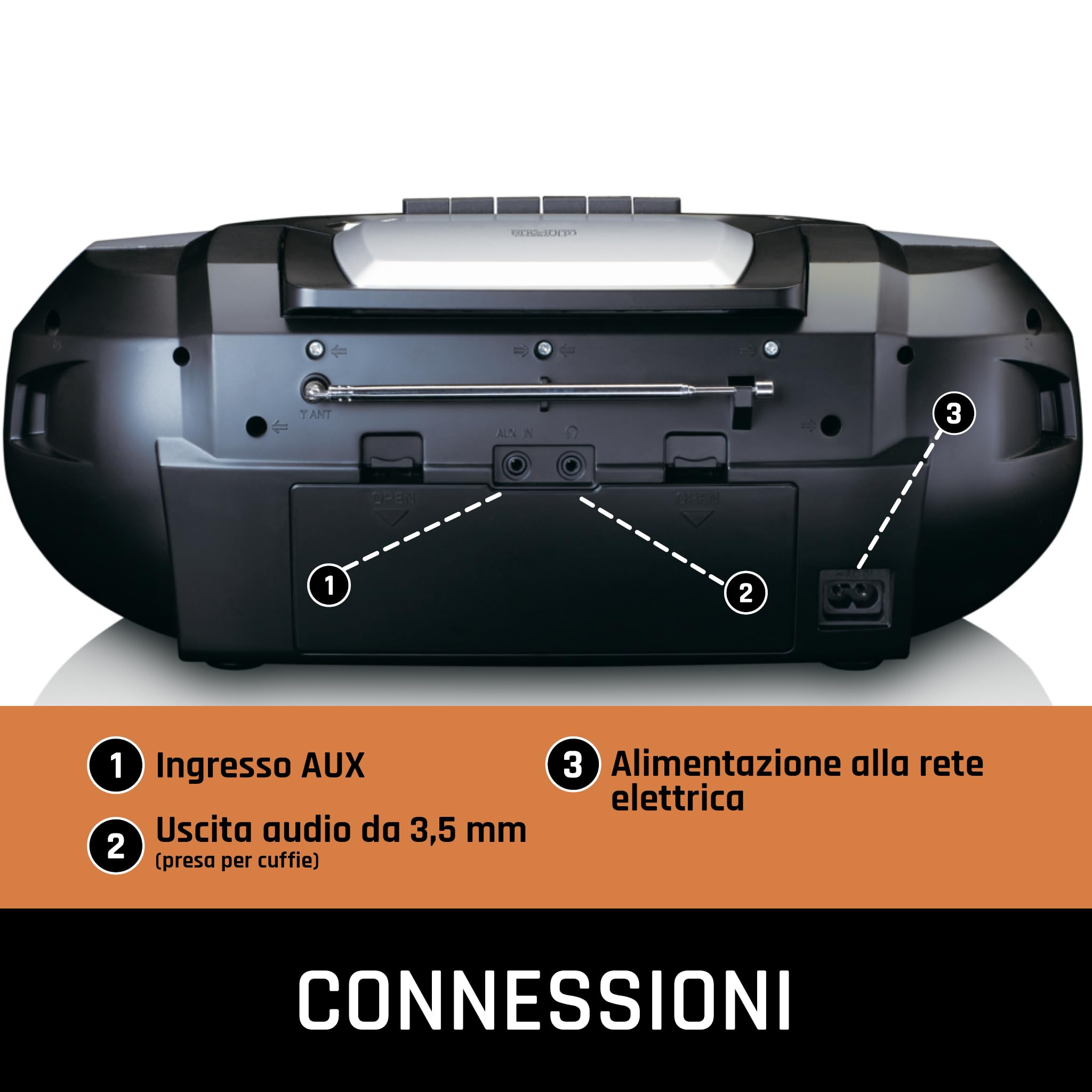 Lenco SCD-720 – Boombox DAB+ – Bluetooth 5.0 – lettore CD/MP3 – ponte cassette – radio FM – porta USB – 2 x 6 Watt RMS – Bass Reflex – telecomando – argento