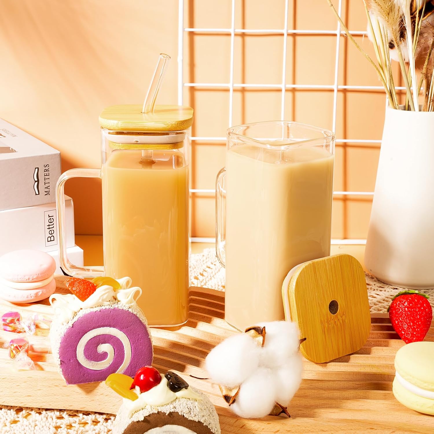 Rtteri 6 Set Square Drinking Glass Cups with Bamboo Lid Straw and Handle Appreciation Gifts for Employee Coworker Portable Coffee Mugs(16 oz, Medium,Clear) - Image 2