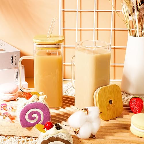 Miniatura 9 de Rtteri Juego de 6 vasos cuadrados de vidrio con tapa de bambú, popote y asa, tazas de café portátiles para fiesta de graduación, regalos del día de