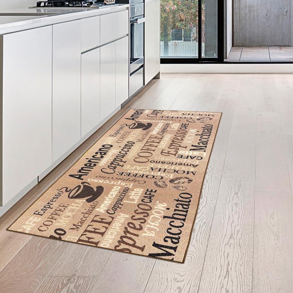 Teppich-Traum Coffee Tapis de Cuisine Beige avec Dos en Gel et Inscription en Marron, 67 x 180 cm