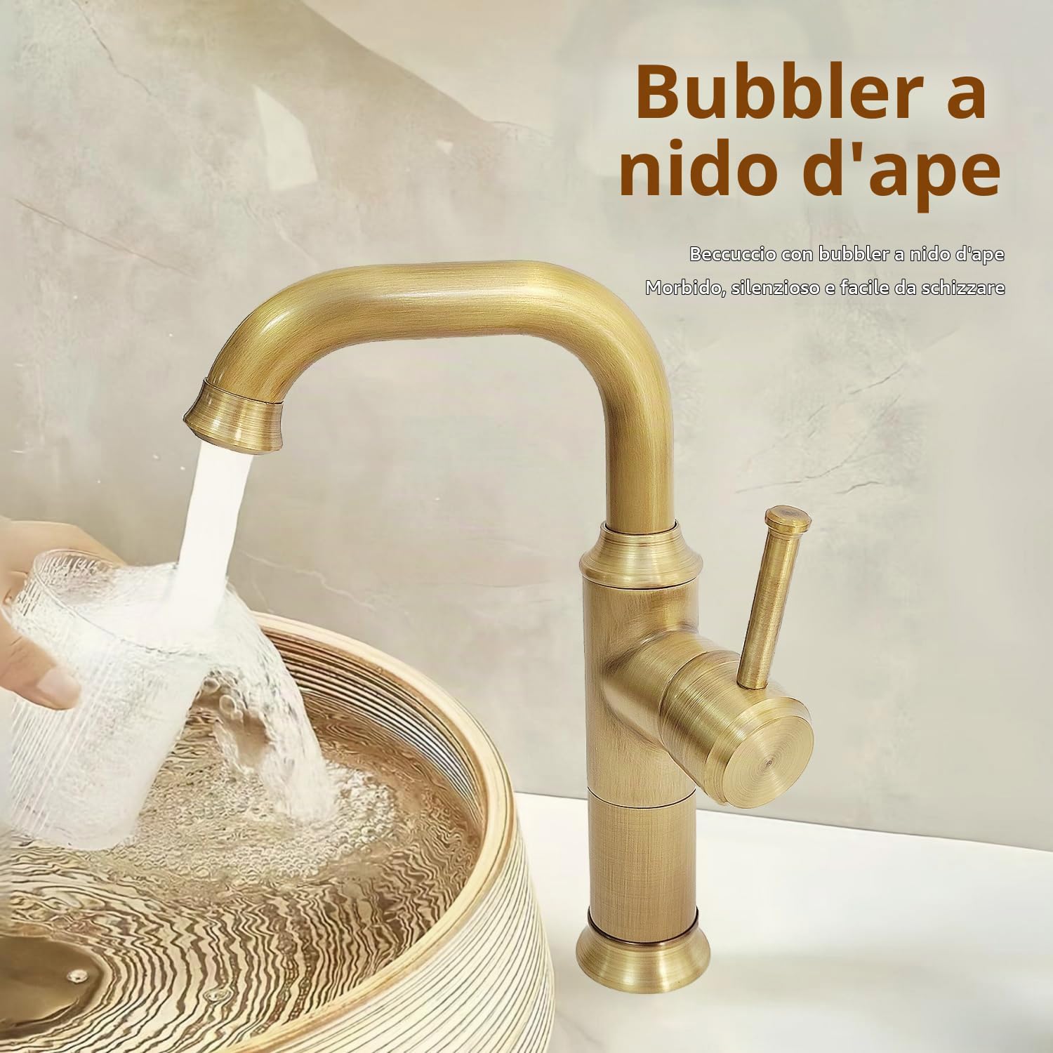 Rubinetto Alto Bagno Lavabo Ottone Antico | Retrò miscelatore monocomando, girevole a 360°, acqua calda e fredda, cartuccia ceramica, G3/8, per lavello bagno