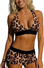 Women's Bikini Set, Tummy Control Bikini Top with Shorts, Halterneck Top, Printed Bottom, Plus Size Swimwear for Beach and Holiday, Push Up Swimsuit, High Waist Bikini Sets, Sexy Swimsuits