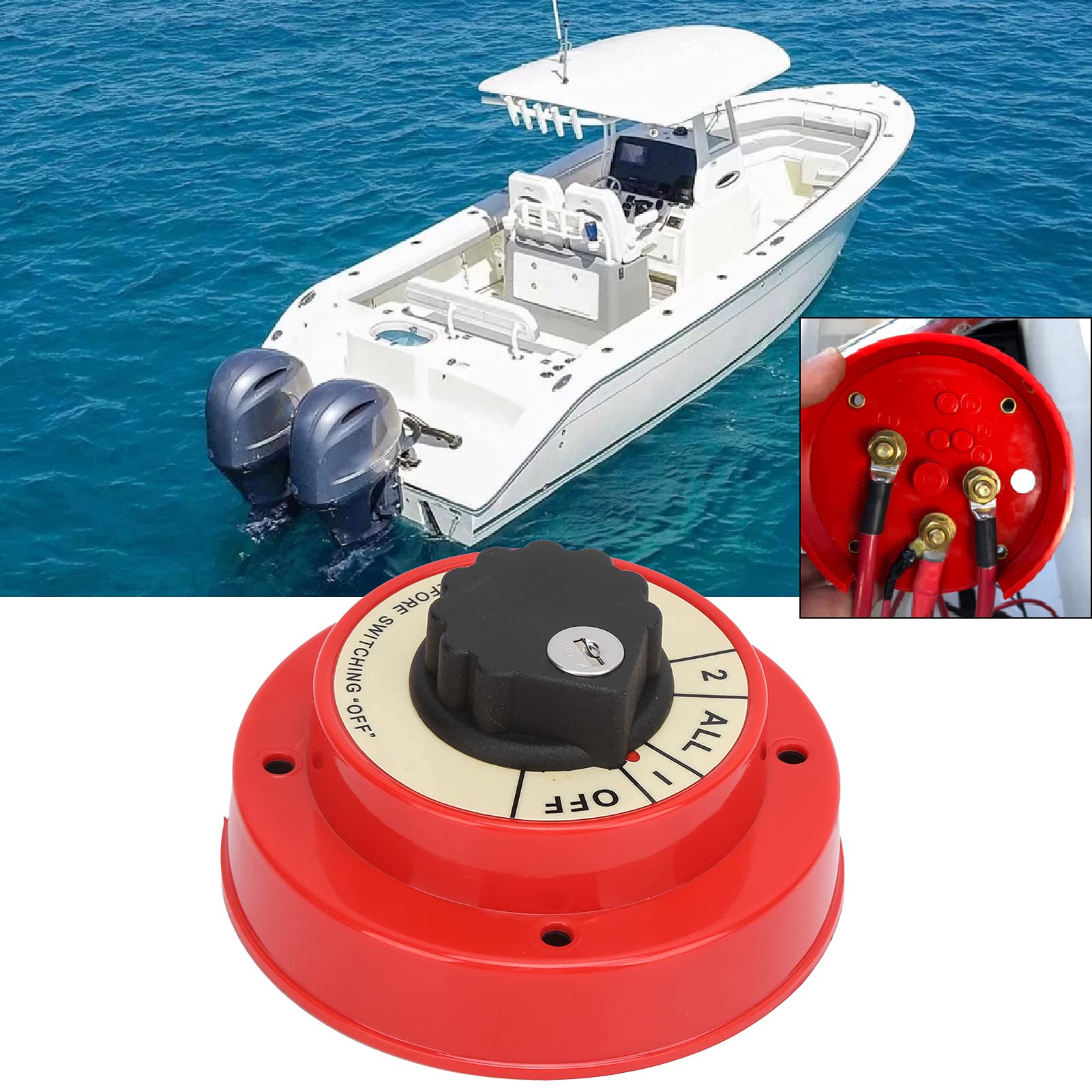 Boat Battery Selector Switch, 4 Way Medium Duty, Plastic and Metal Panel, Yellow, for Dual Battery Systems, with Copper Plated Cable Lugs, 250A Continuous, 360A Intermittent, 6