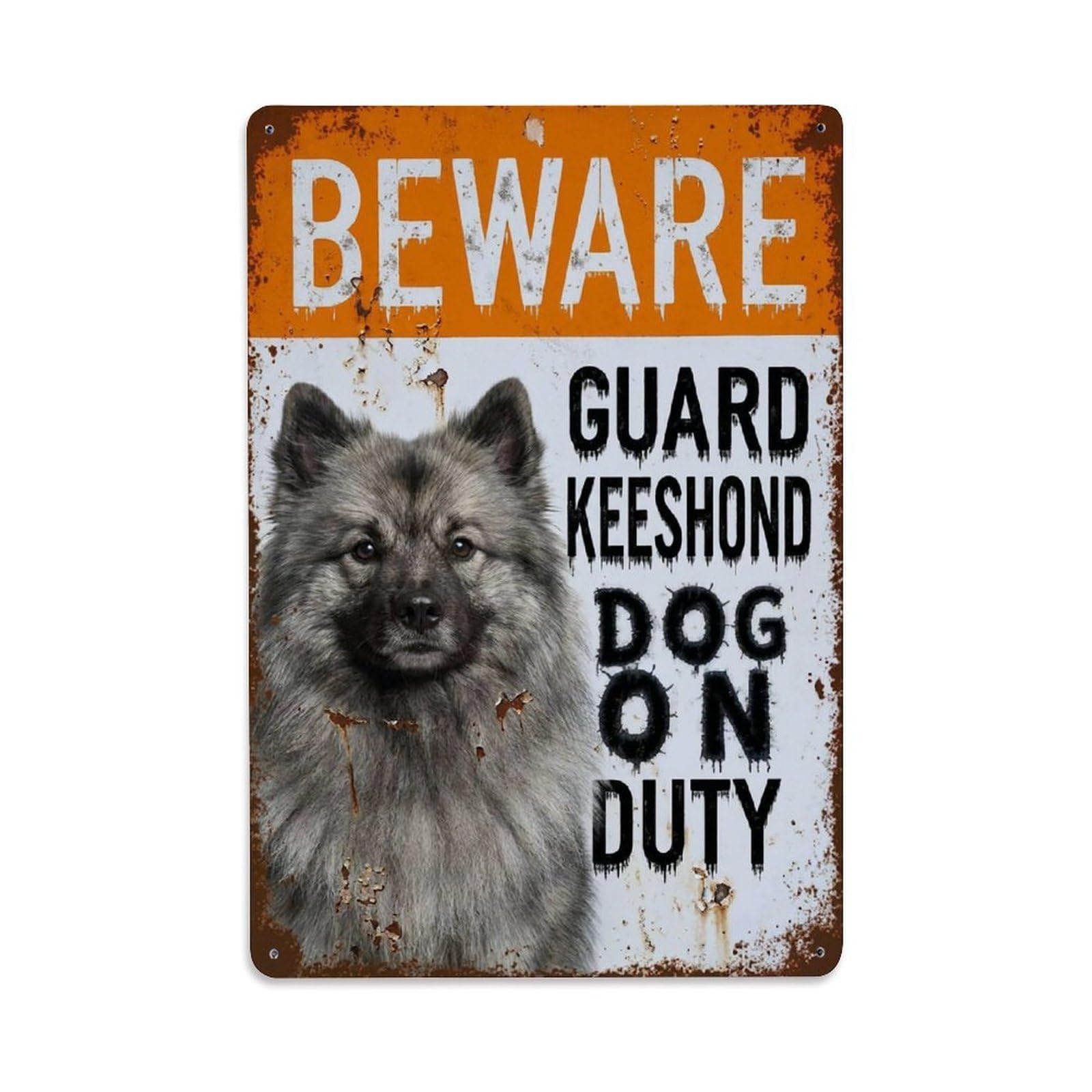 Vintage Funny Keeshond Guard Beware of Dog Kennel Metal Tin Sign Plaque Wall Decor for Cafe, Club Bar, Office, Garden Metal Poster 8x12Inch