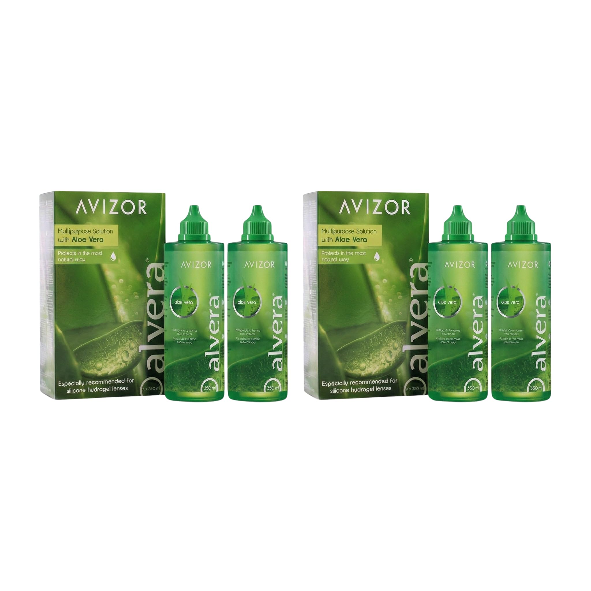 ALVERA PACK 4X350ml - Lösung mit Aloe Vera zur Reinigung und Desinfektion von Kontaktlinsen - Natürlicher Schutz - Lang anhaltender Komfort - Geeignet für alle Arten von weichen Kontaktlinsen