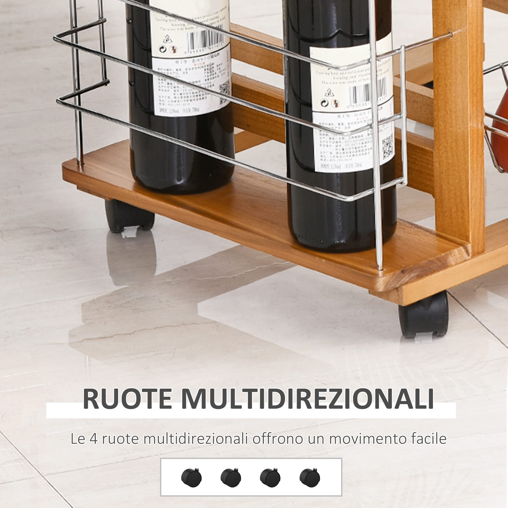 HOMCOM Carrello da Cucina Salvaspazio in Legno Marrone, Portavivande con 1 Piano di Lavoro 1 Cassetto e 4 Cestelli Metallici, 47x37x83cm