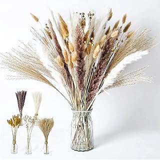 Pampas Grass Decor Boho Home Decor 100 PCS 17 in Natural Dried Flowers - White & Gold Natural Pampas Grass, Reed, Bunny Ta...