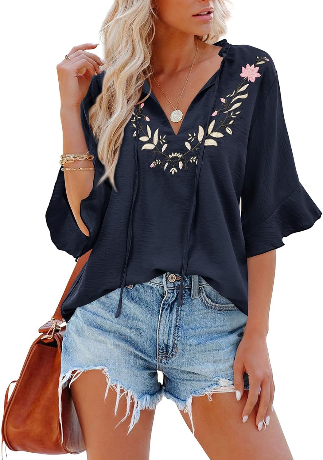 Womens Summer Tops 3 4 Sleeve Women Blouses Casual Boho Top Spring Floral Short Sleeve Shirts Vacation
