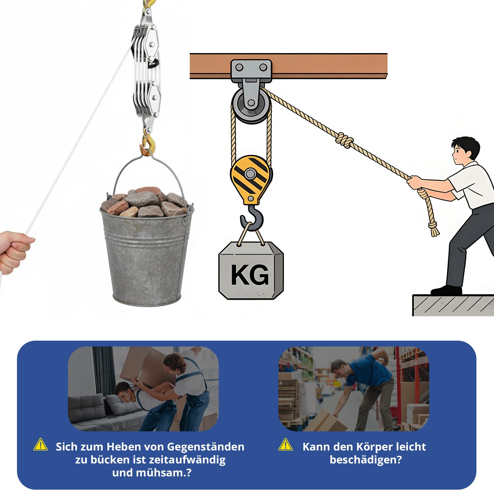 Flaschenzug Schwerlast, Flaschenzug mit Seilbremse Maximale Kapazität 4000LB Max Arbeitssparender Flaschenzug mit Haken&20m Nylon, bis 2,5 m Hubhöhe, Flaschenzug für Industrielle,Garagen, Lagerhallen