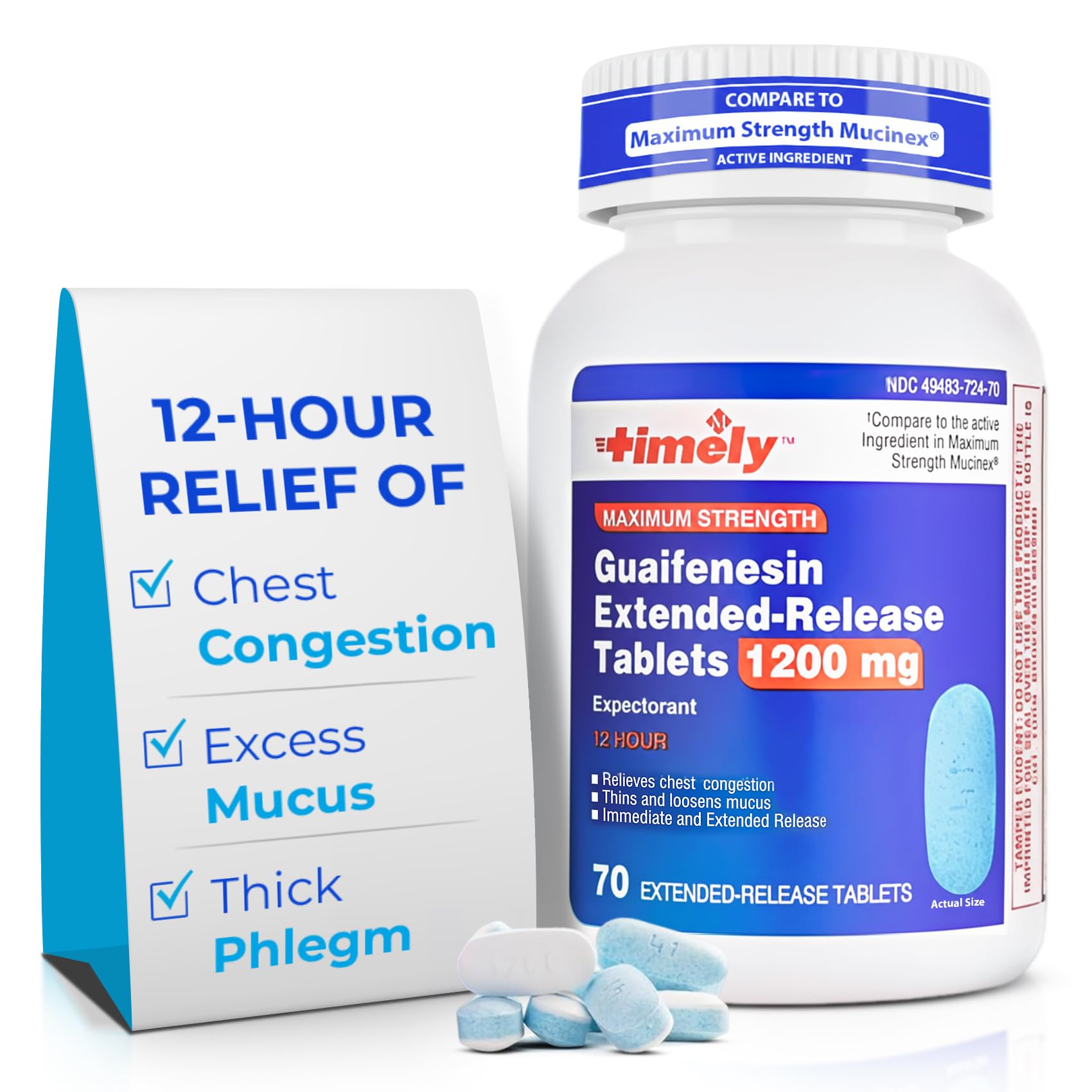 TIME-Cap Labs Guaifenesin 1200mg Extended Release, Maximum Strength Mucus Relief Expectorant for Adults, 12 Hour Chest Congestion Support Tablets, 70 Count