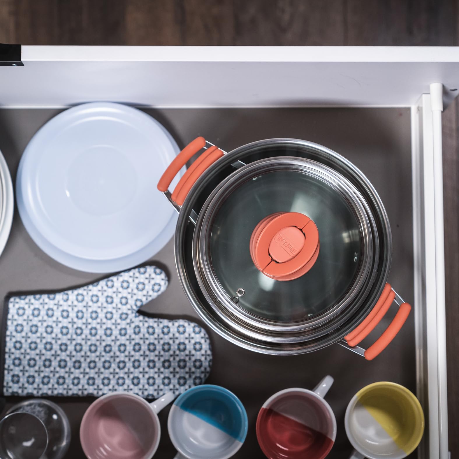 TEFAL G721SD74 Opti'Space Zestaw Garnków i Patelni, układanie stosy, stal nierdzewna 18/10, dno Thermo-Fusion, do każdej kuchenki, skala pojemności, nienagrzewające uchwyty, 13 elementów, srebrny