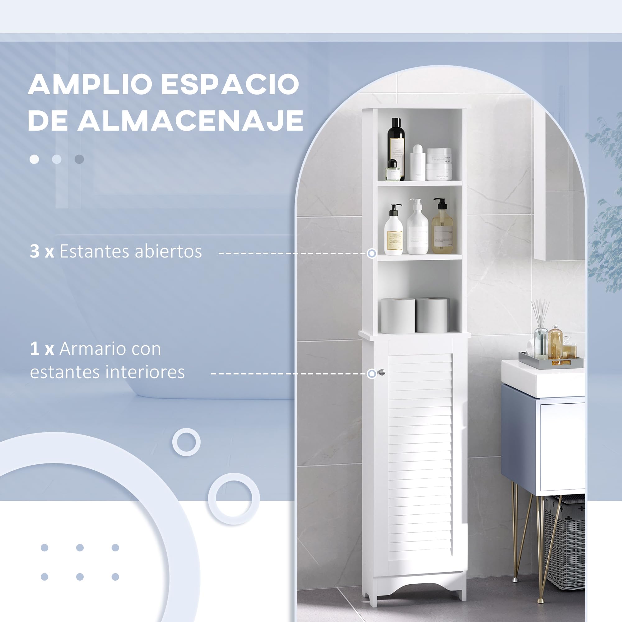 HOMCOM Armario Alto de Baño con 1 Puerta 3 Estantes 34x20x165 cm Blanco | Abiertos, Balda Interior Ajustable, Mueble Auxiliar de Almacenaje, para Salón, Aseo, Dormitorio