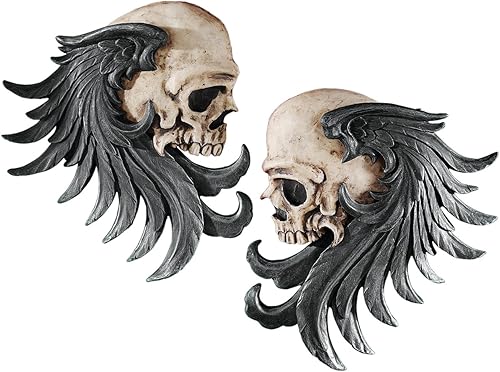 Design Toscano Esculturas de pared de centinela de calavera alada de Bad to the Bones: juego de dos, a todo color