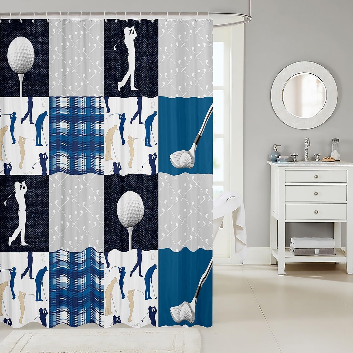 Ball Sports Shower Curtain Waterproof Fabric,Golf Themed Lover Style Bath Curtain,Blue Buffalo Grid Geometric Hanging Curtain with Hooks for Bathtubs Bathroom, 72Wx78L inch image 3