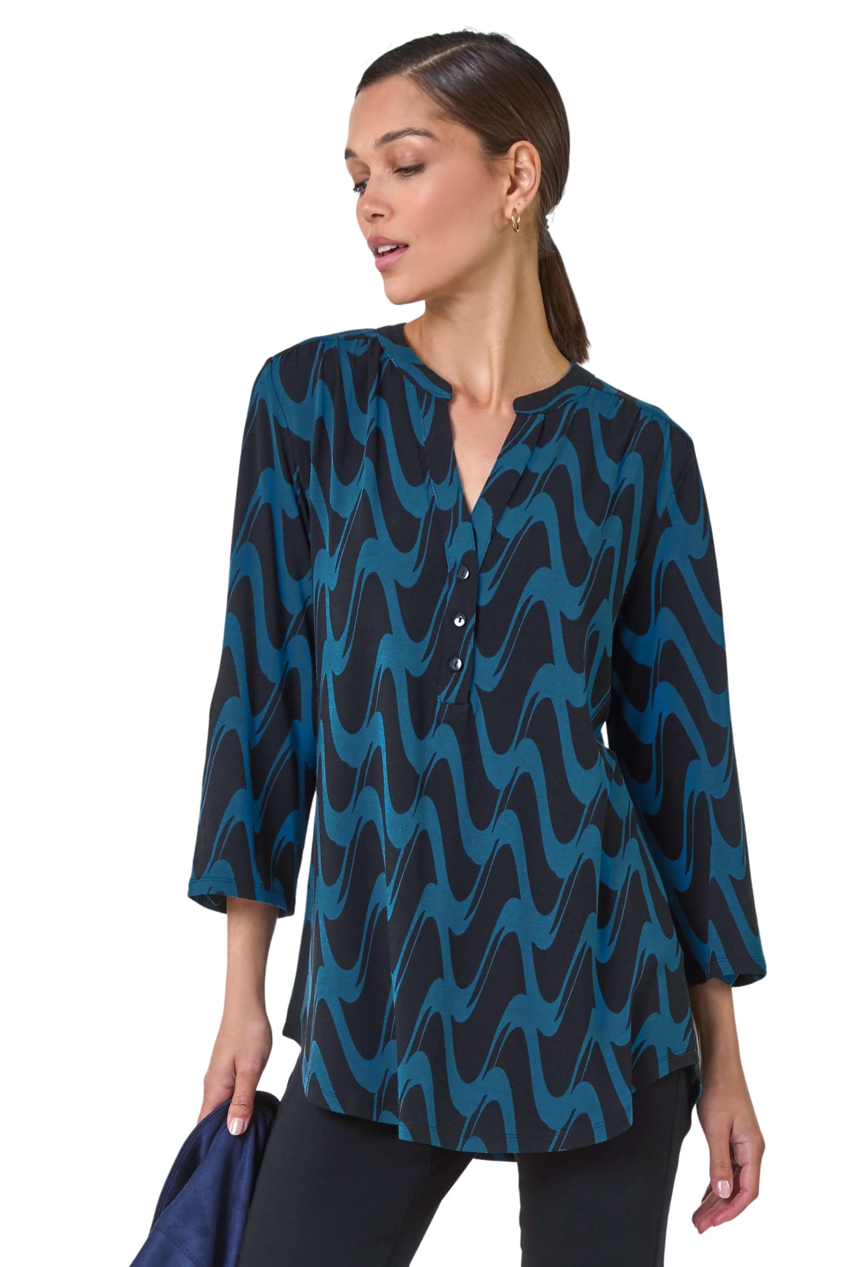 Roman Shirt for Women UK Ladies Top Collarless Blouse Stretchy Tunic Smart Casual Autumn Winter Jersey 3/4 Length Sleeve Notch V Neck Flattering Office Work