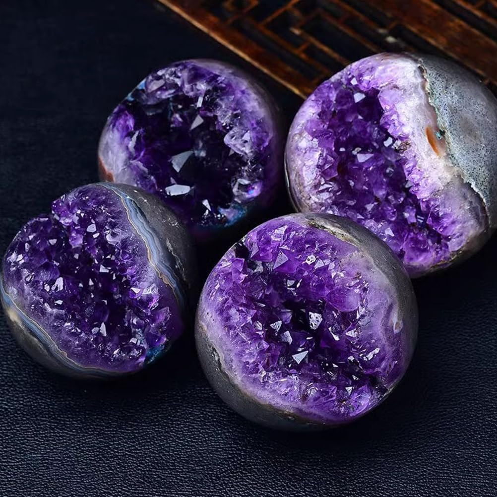 Amethyst Druzy Geode Crystal Ball Stone Sphere Ball Amethyst Cluster with Stand for Witchcraft Divination Home Office Decor,100~150g