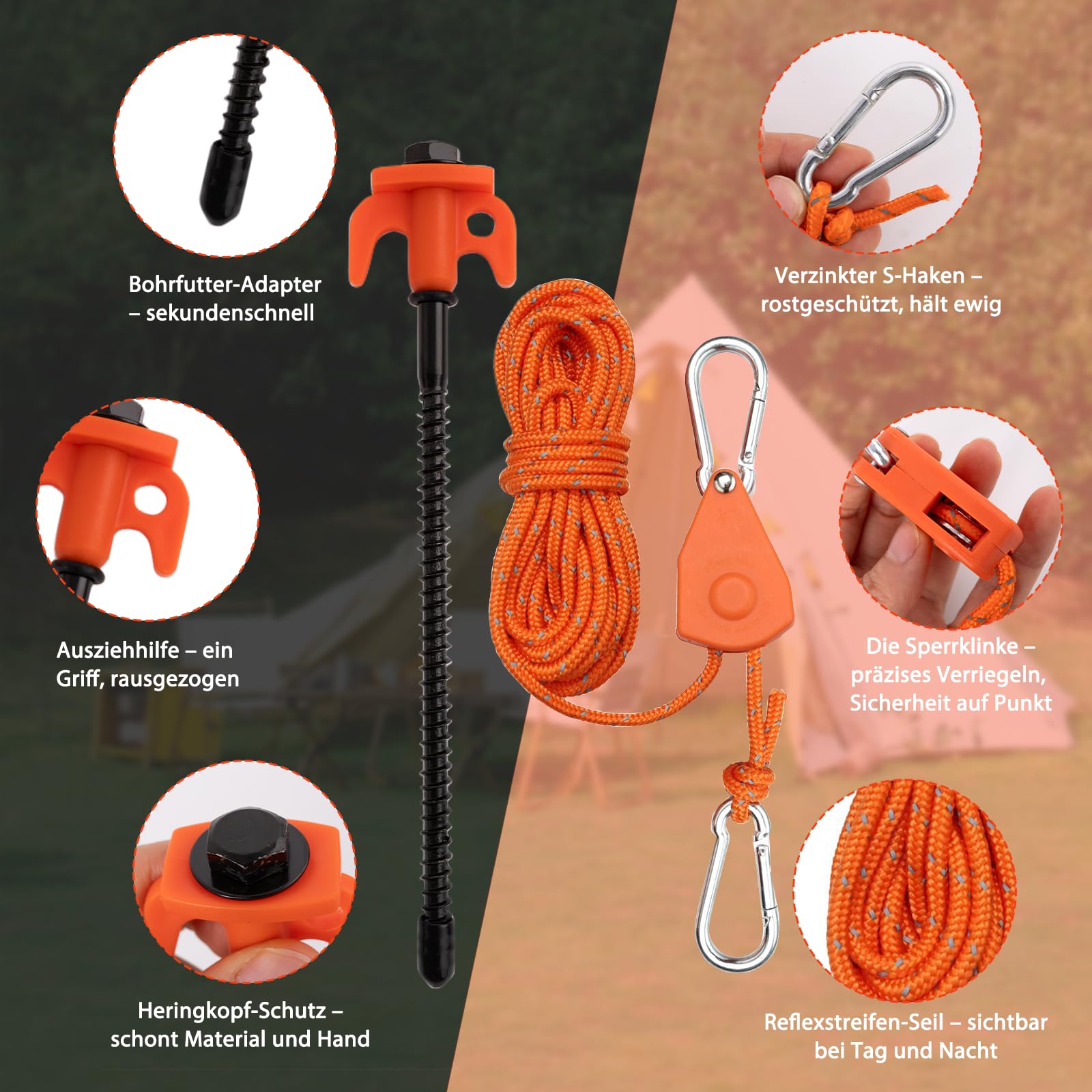 Set di 6 picchetti a vite da campeggio da 20 cm e 6 ganci a cricchetto da 4 m, picchetti girevoli resistenti alle tempeste, corda in metallo regolabile da 1/8" per esterni con cricchetto, set