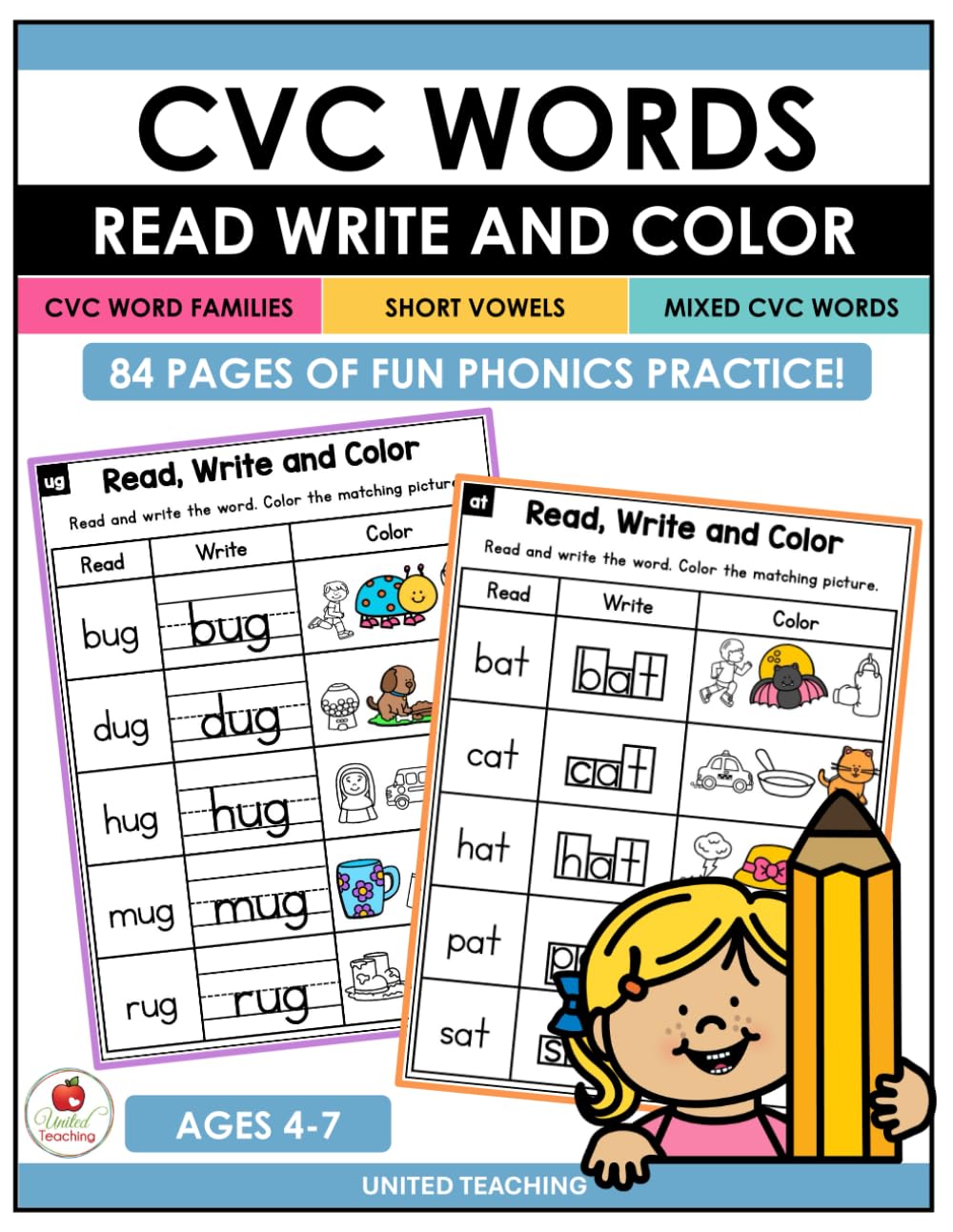 CVC Words Read Write and Color Workbook: Fun Phonics Practice for CVC Word Families, Short Vowels and Mixed CVC Words