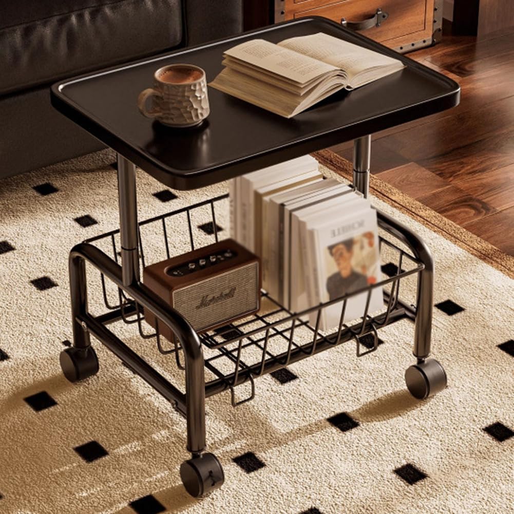 SXZenSpace Multifunctional Open Shelf 2 Tiers Coffee End Table,Couch Side Table with Wheels And Metal Frame,TV Tray Tables for Living Room,black