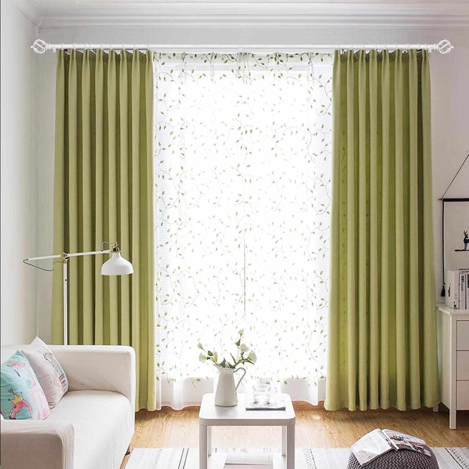 KAMANINA White Curtain Rods for Windows 48 to 84 Inch, Adjustable Single Curtain Rod 32 to 86 Inch(2.6-7.1ft), 3/4 Inch Splicing Drapery Rods with Twisted Cage Finial