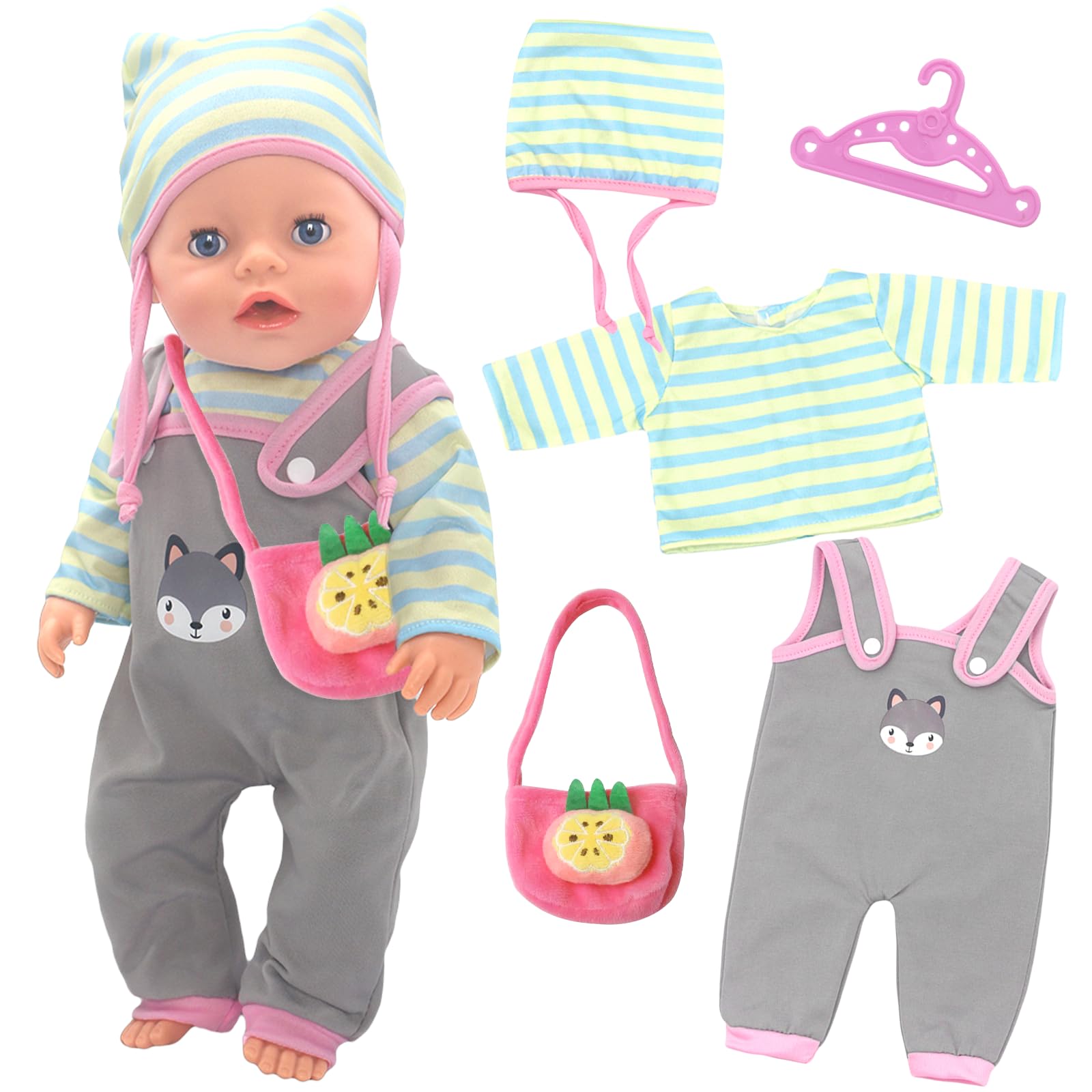 5 Pcs Doll Clothes Set for 14-18 Inch Dolls, Sweet Koala Onesie for New Baby Dolls Outfit with Top Jumpsuit Bag Hat Hanger New Baby Doll Clothes Accessories 35-43 cm, Gift for Children