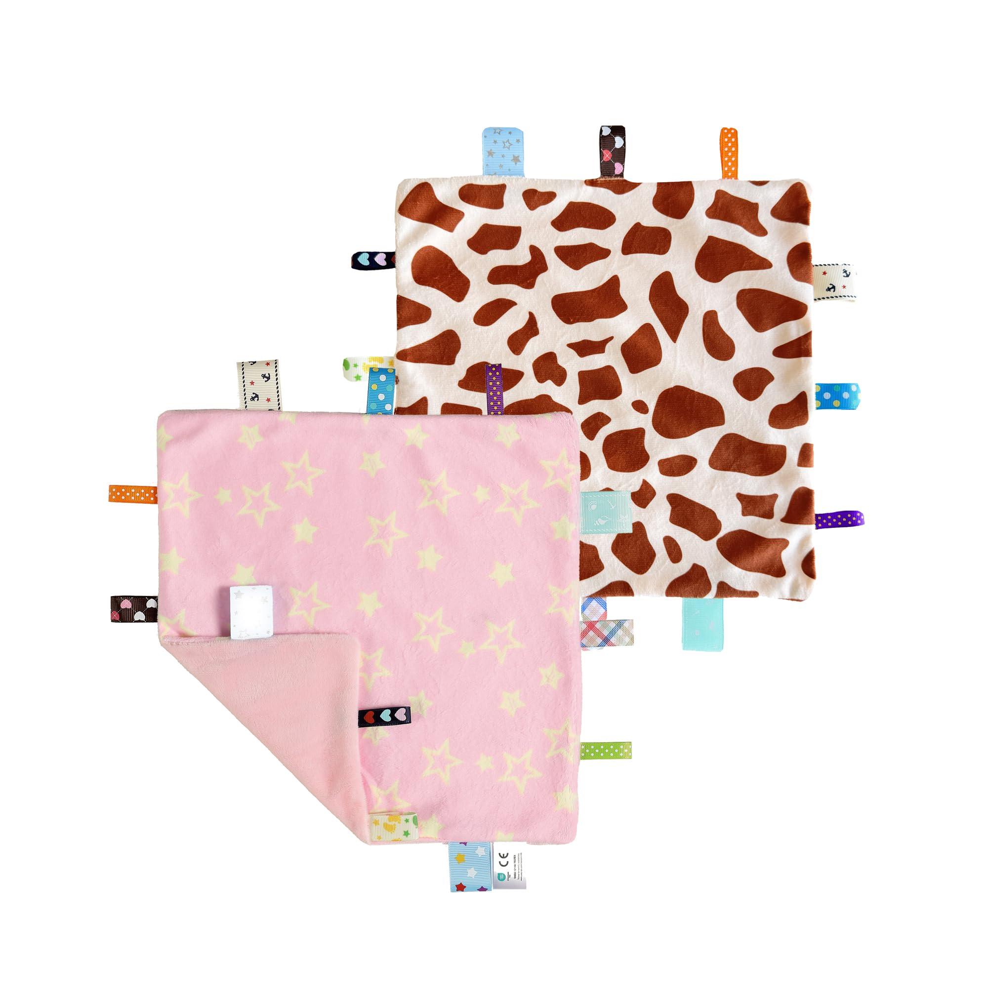 CREVENT Tag Security Blankets for Babies, Soft Small Loveys for Boys, Baby Comforter Sensory Blanket, Great Gifts for Birthday Baby Shower - 10"X10" Pink Star + Giraffe Dot