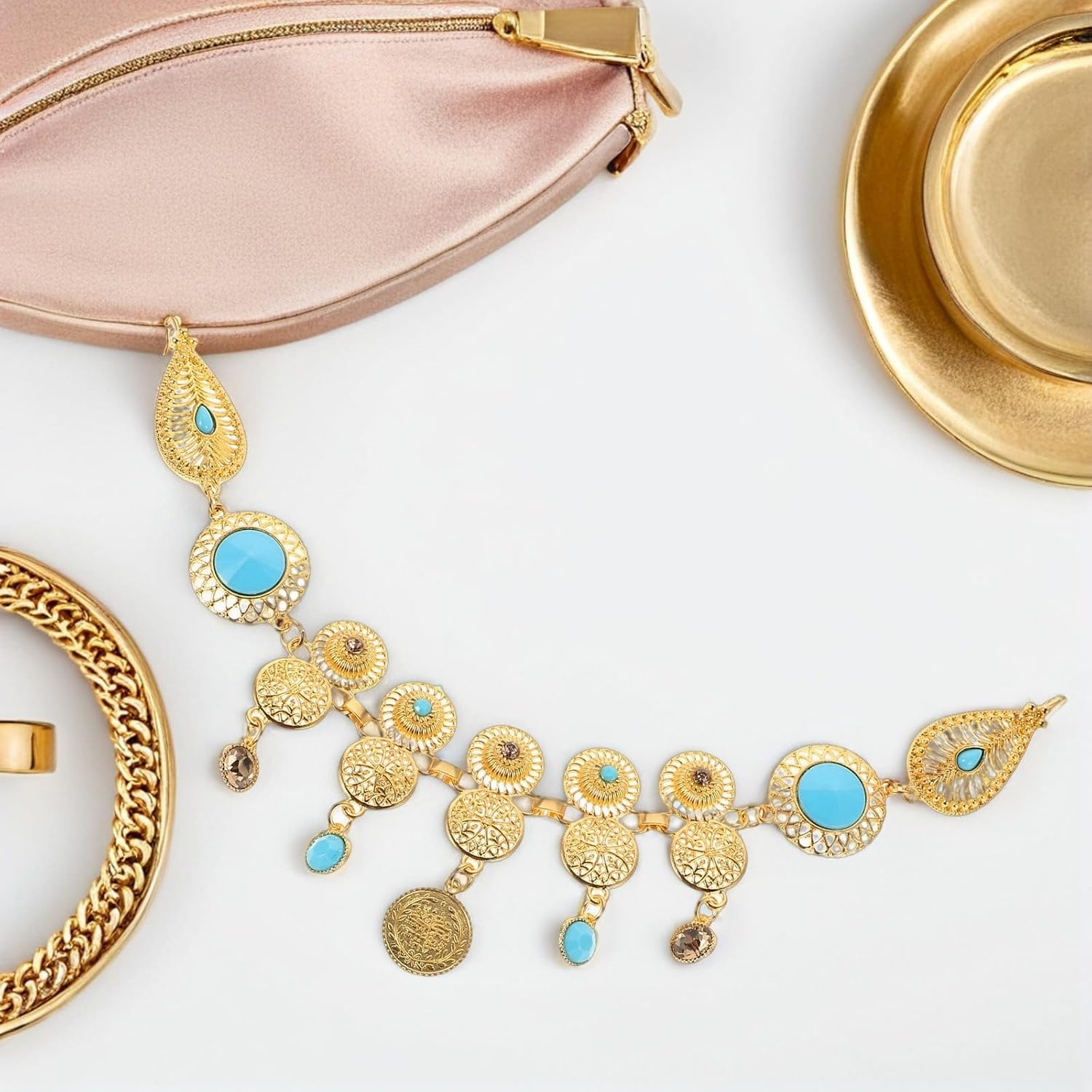 Forehead Dangling with Rhinestone Turquoise for Alloy Chain Golden Vintage Boho Headpiece Lightweight Tassel Women for Parties and Formal Events