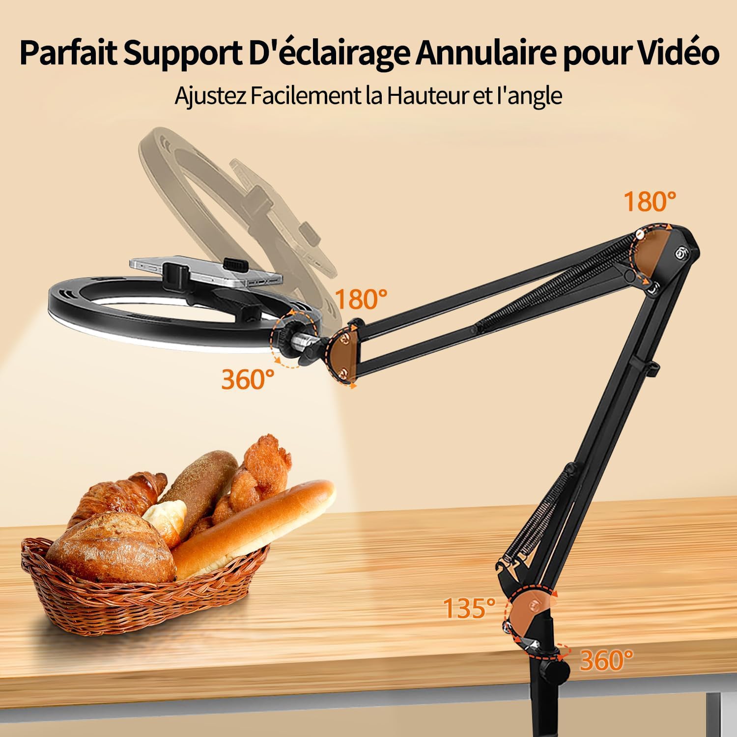 yAyusi 10'' Ring Light con Supporto per Telefono, Ring Light Telefono da Tavolo a LED con Treppiede, Flessibile Supporto per Telecamera, Ringlight Professionale Dimmerabile per Video/TikTok/YouTube