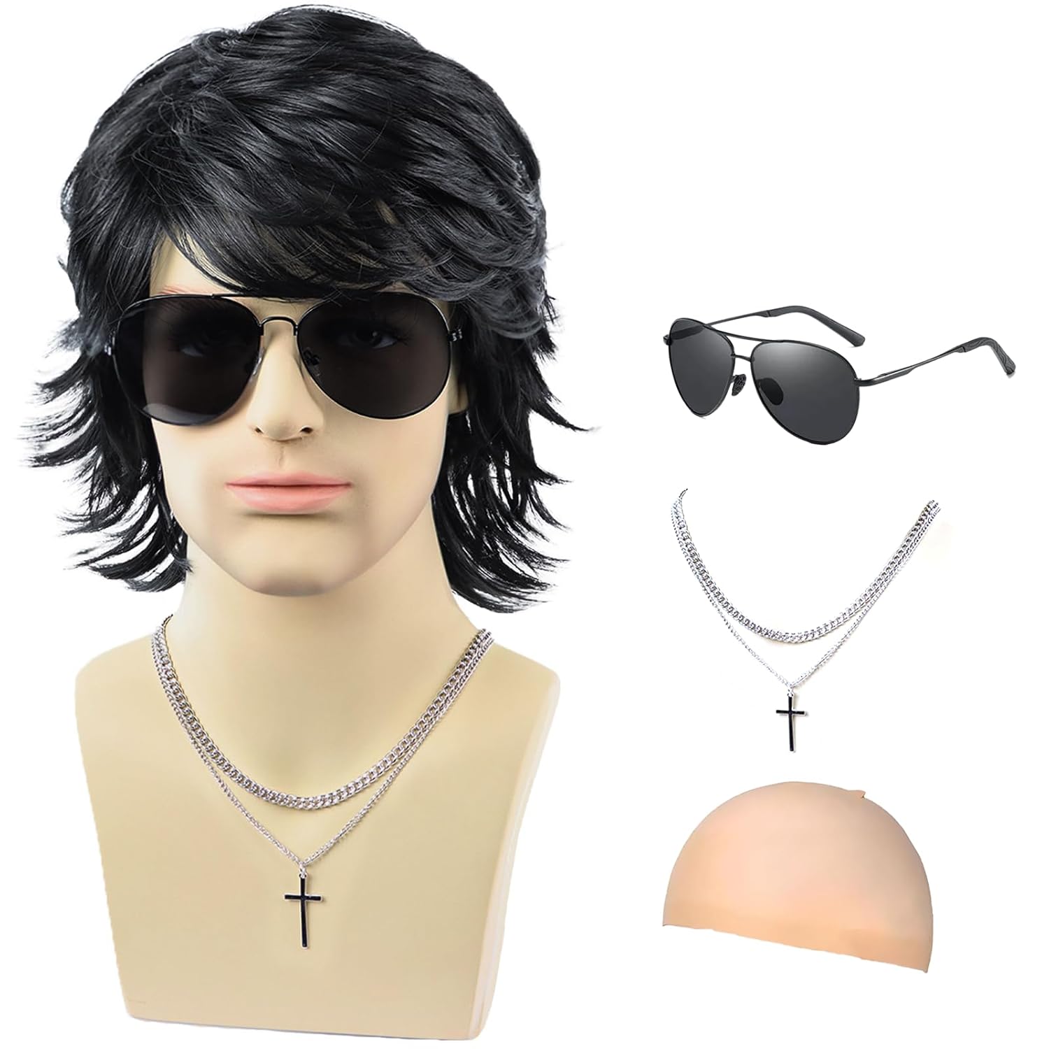 Mens Black Wig+Necklace+Glasses+Wig Cap,Layered Fluffy Wig for Male Daily Party Halloween Cosplay Costume Use(Black)