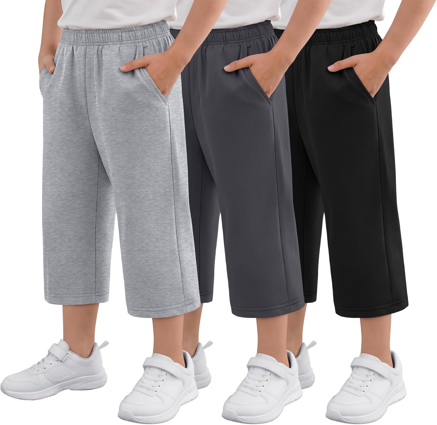 3 Pack Boys Capri Pants Kids Pull On Capris Elastic Waist 3/4 Sweatpants Below Knee Loose Shorts with Pockets