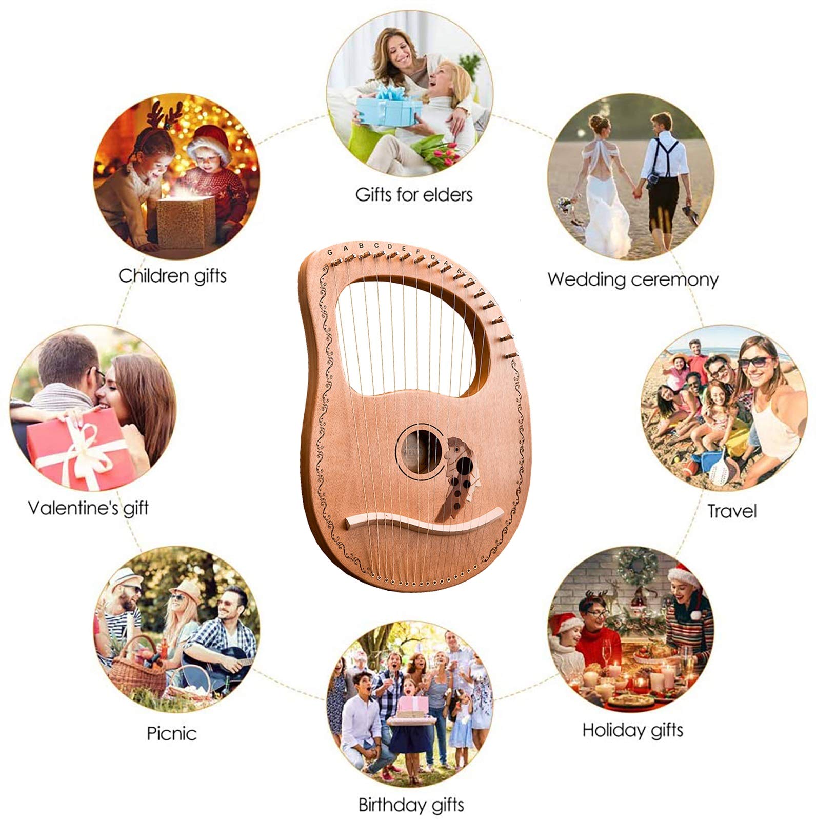 Arpa de lira de 16 cuerdas Instrumento de cuerda de madera maciza de caoba para amantes de la música Principiantes Adultos, con estuche de transporte/Llave de afinación/Cuerda de repuesto/Manual de i