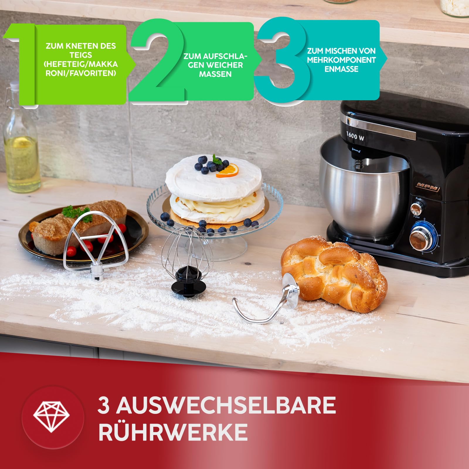 MPM - Robot da cucina planetario con 2 ciotole da 4 e 5 litri - robot da cucina da 1600 W - nero