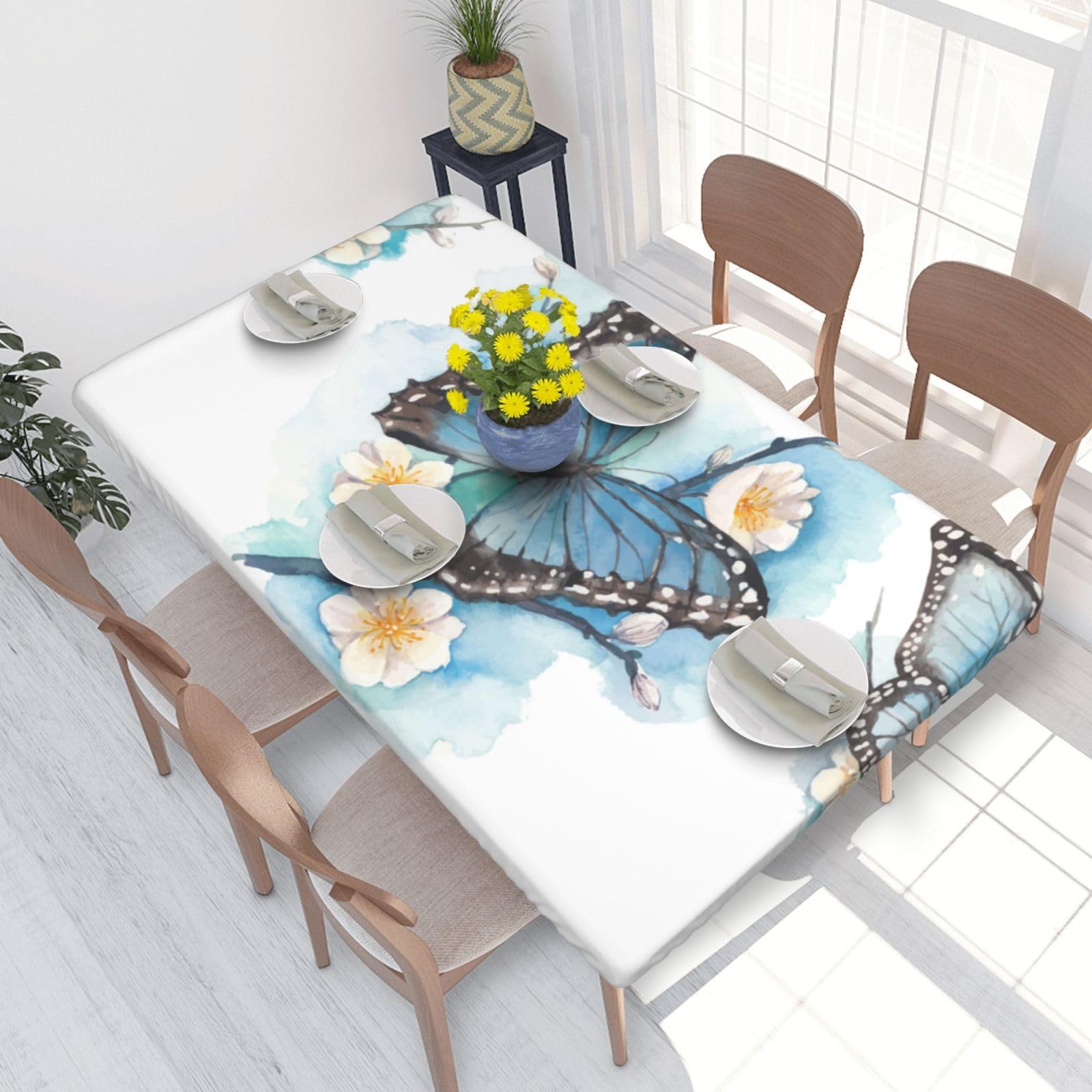 BNVSADC Blue Butterfly On Blossom Flower Printed 4FT Tablecloth 122x76 CM Polyester Kitchen Water Resistant Table Cloth Dining Table Decoration Table Covers