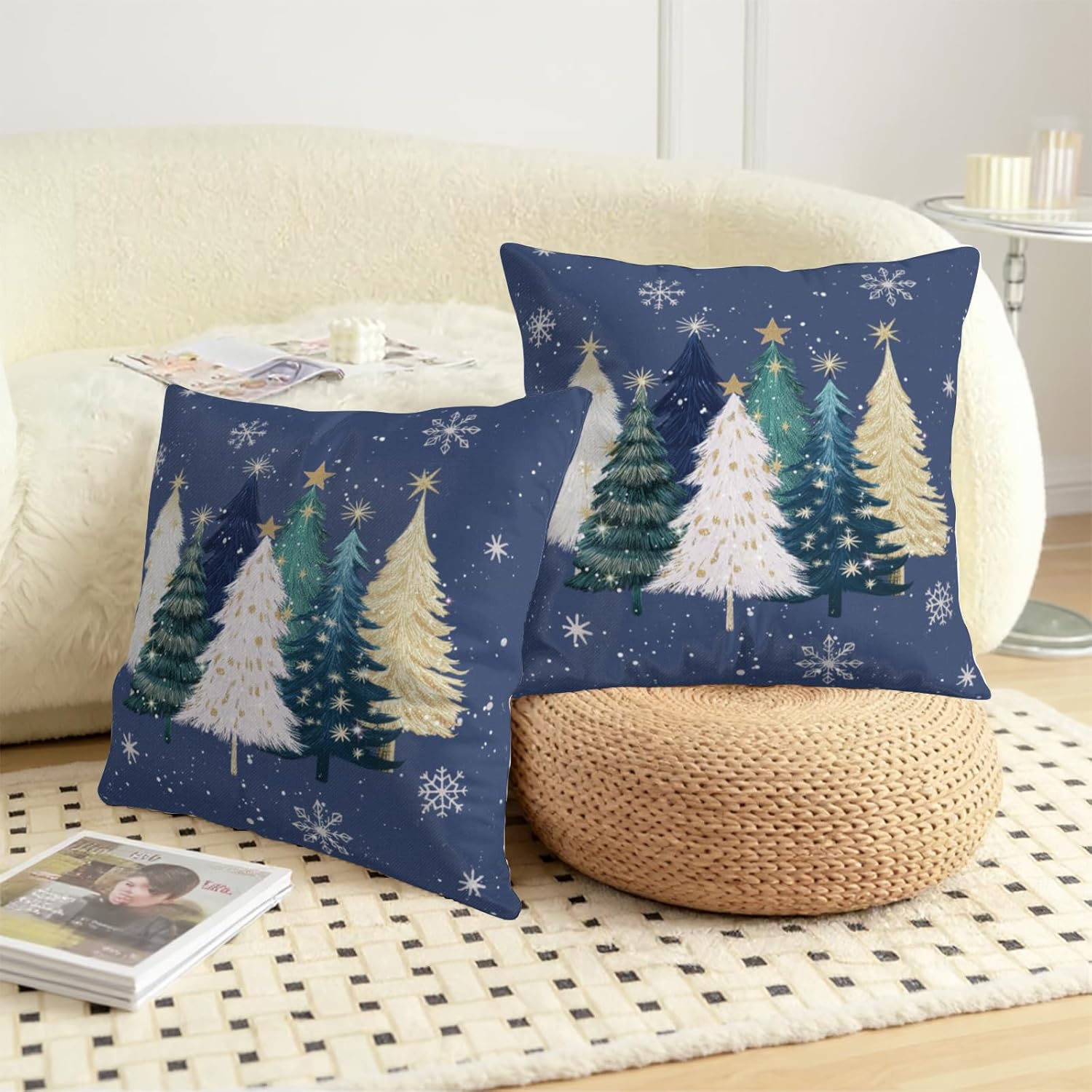 Blue Christmas Pillow Covers 24x24 Set of 2 Teal White Gold Xmas Tree Snowflakes Decorative Outdoor Throw Pillow Cases Winter Holiday Farmhouse Cushion Cover for Sofa Couch Patio