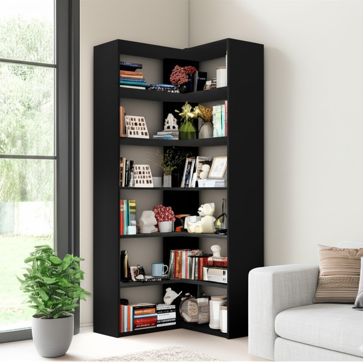 71" Tall Black L-Shaped Corner Bookshelf, 6-Tier Wooden Corner Shelf Stand, Freestanding Display Rack Storage Organizer with Anti-Tip Kit for Living Room, Home Office, 27.6" W x 11" D