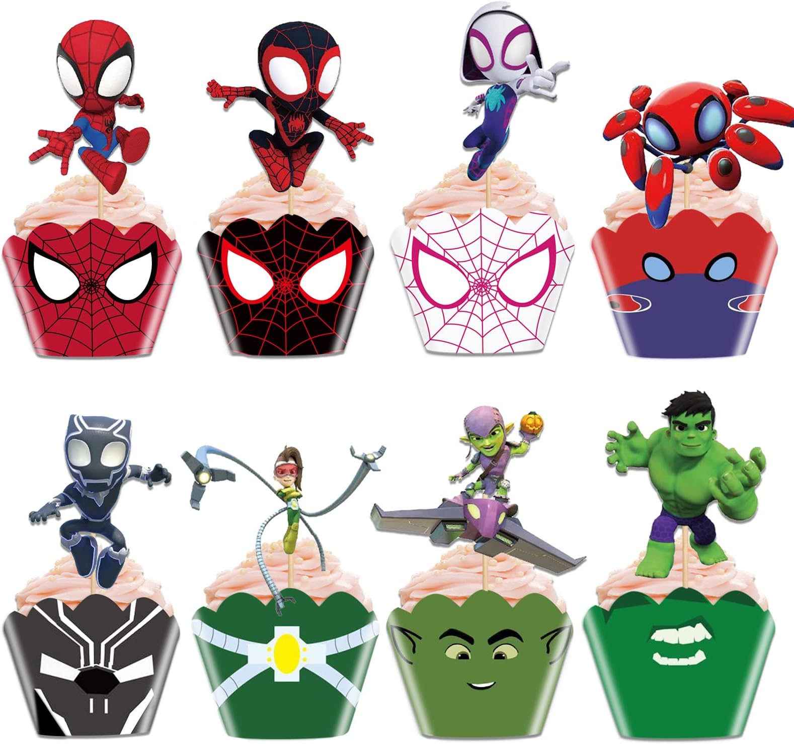 48Pcs Spider His Amazing FriendsCupcake Toppers and Wrappers for Cake Decorations, Spider Cake Topper Birthday Party Supplies.